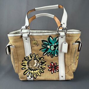 COACH Burlap Bumble Bee Floral Design Tote Purse DAMAGE Project Bag